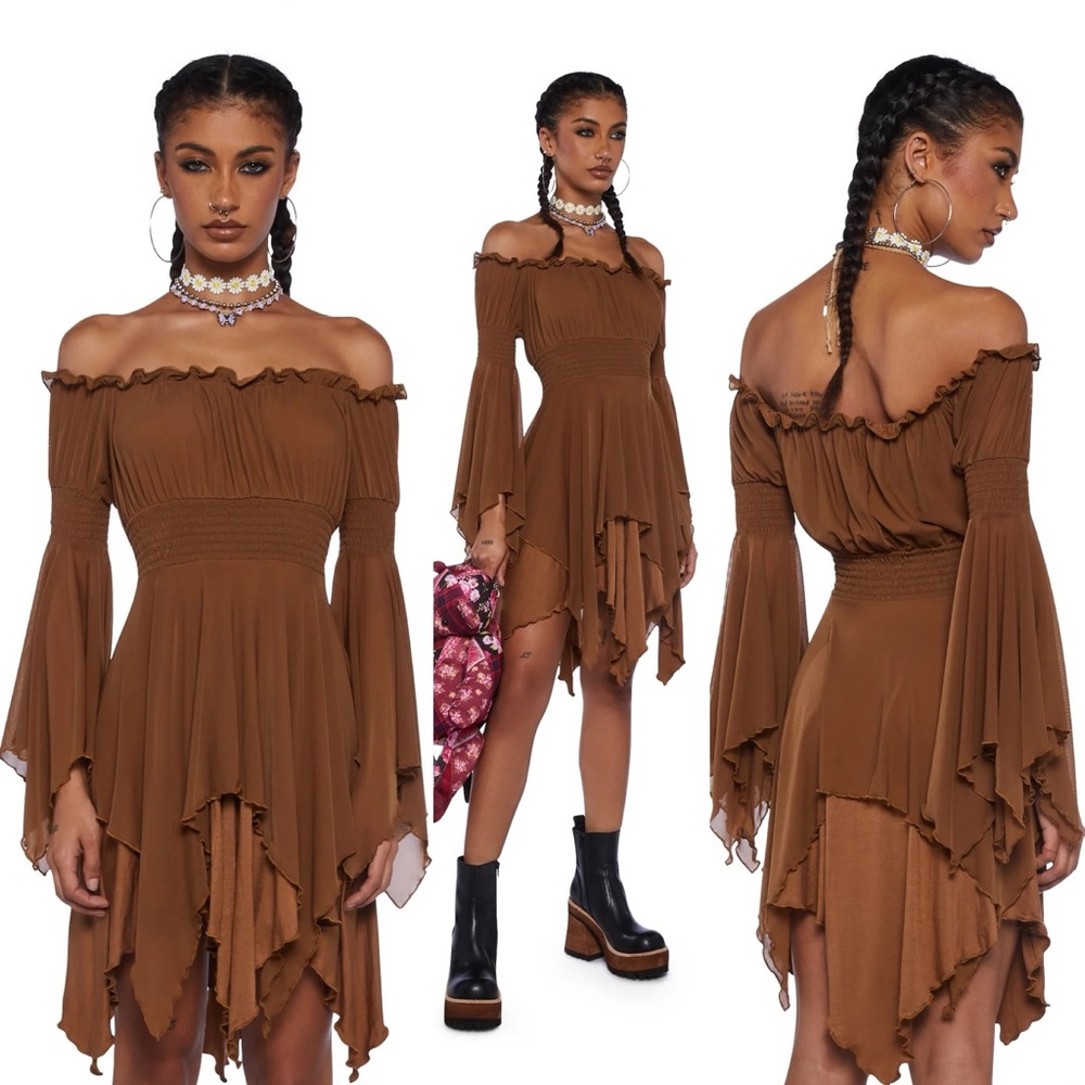 NWT Dolls Kill MUSICAL ODYSSEY MINI DRESS - BROWN CURRENT MOOD XS - Picture 4 of 15